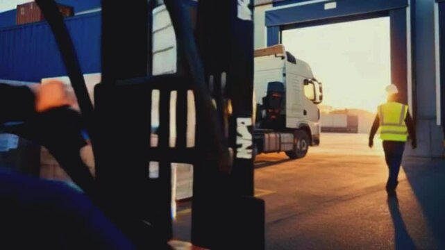 a logistics scene at a warehouse during what appears to be sunrise or sunset, given the warm lighting. There is a semi-truck parked next to the loading dock with its cargo door open, ready for loading