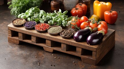 A beautifully arranged display of fresh vegetables and assorted spices on a rustic wooden tray, perfect for culinary projects, recipe blogs, or food-related marketing materials,