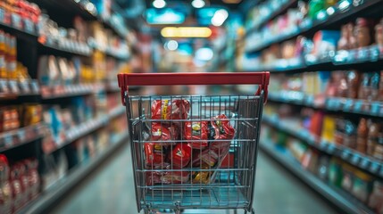 Shopping cart filled with products in a grocery store aisle