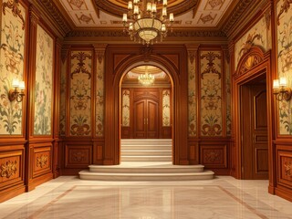 Obraz premium Traditional entrance with floral wallpaper and vintage accents, welcoming, contemporary, decor, homely, vintage