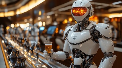 A futuristic robot bartender serving a drink in a sleek, modern bar setting, showcasing advanced technology and a vibrant atmosphere.