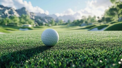 Golf Ball in Sharp Focus Flying Towards Picturesque Golf Course Scenery