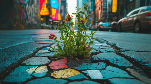 neue Wege finden, bunte Steine Pflastersteine und Mosaik Wege mit kleiner Pflanze die aus Pflasterweg herauswächst Generative AI