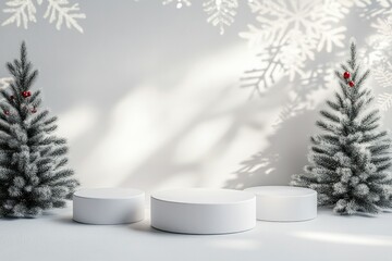 Photo of product mockup scene for the winter holidays. there should be exactly three empty podiums