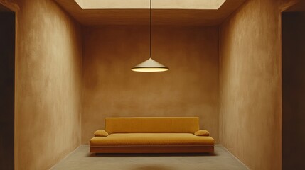 Empty room with a yellow couch and a sleek pendant lamp above, emphasizing modern design and simplicity.