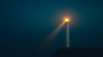 Lighthouse at Nighttime in a Coastal Scene – Guiding Light Against the Dark Sky, with Waves Gently Lapping the Shore