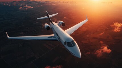 Passenger plane soaring over sunset landscape aerial photography nature