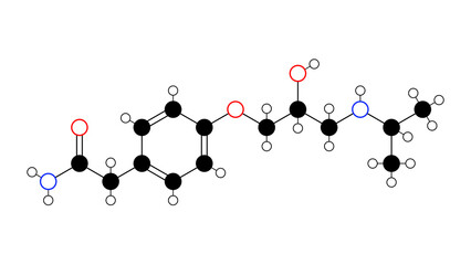 atenolol molecule, structural chemical formula, ball-and-stick model, isolated image beta blocker