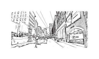 Print Building view with landmark of Vancouver is the city in Western Canada. Hand drawn sketch illustration in vector.