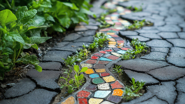 neue Wege finden, bunte Steine Pflastersteine und Mosaik Wege mit kleiner Pflanze die aus Pflasterweg herausw&auml;chst Generative AI
