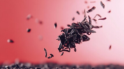 Fototapeta premium falling dried black tea on solid background color light red