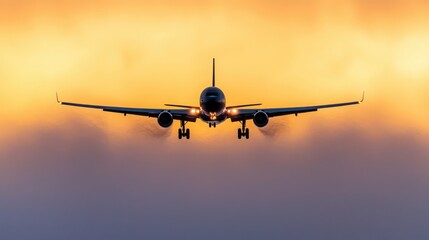 Severe turbulence jet soaring through a dramatic sunset