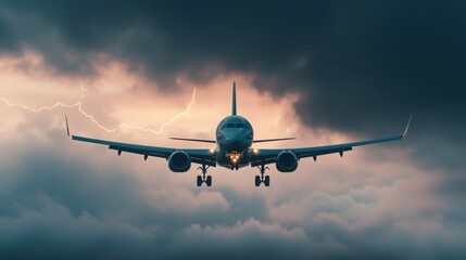 Fototapeta premium Passenger plane maneuvering through turbulent weather a dramatic view