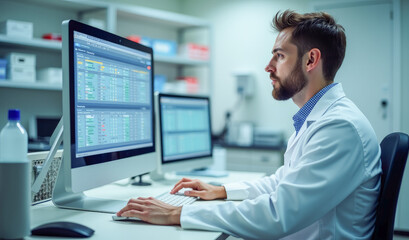 a researcher in a white coat in the laboratory behind a monitor