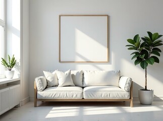 Empty White Room Mockup with Couch and Painting - AI Photo