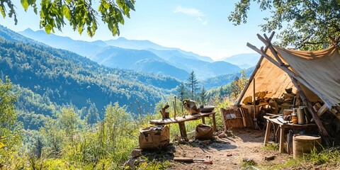 Rugged survivalist campsite with improvised tools and a makeshift shelter, placed in a wildlife-dense mountain terrain