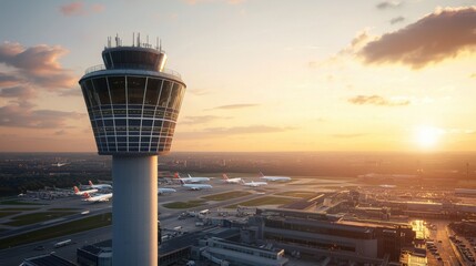 Air traffic control tower overlooking busy airport at sunset aerial view