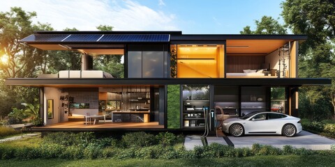Obraz premium Cross-section view of a modern eco-friendly house, showcasing a detailed interior with visible energy systems, solar panels on the roof, a small wind turbine in the backyard. An electric car is parked