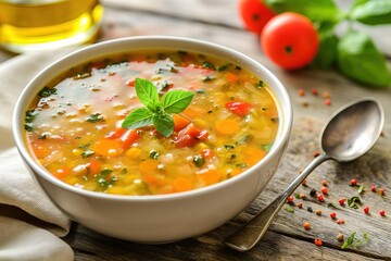 Vibrant Colorful Vegetable Soup With Fresh Basil Garnish