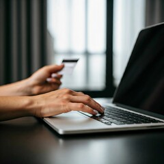Fototapeta premium A closeup picture of a women's hand typing on a laptop with credit card in hand. Online banking activities concept 