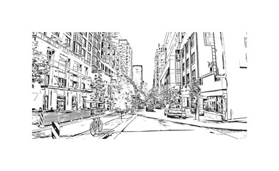 Print Building view with landmark of Vancouver is the city in Western Canada. Hand drawn sketch illustration in vector.