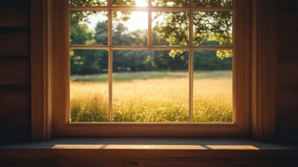 Open window in the middle of a serene field, sunlight streaming through, filling the space with calmness and harmony.