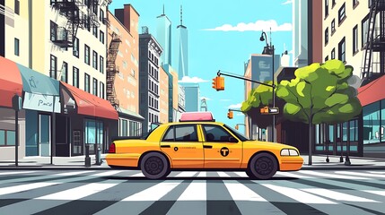 Fototapeta premium Yellow Cab Crossing City Street Amidst Skyscrapers