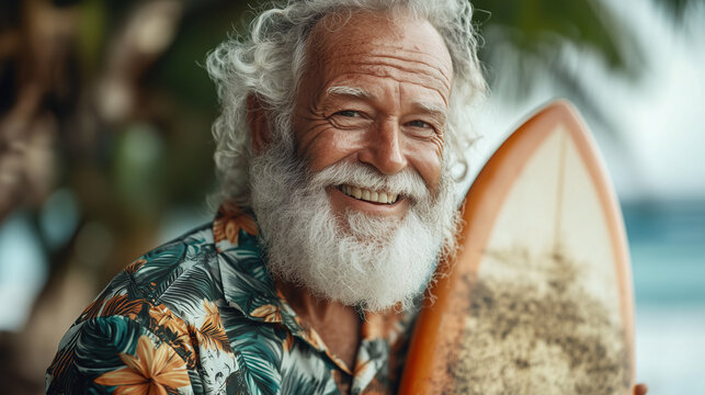 Senior man smiling and holding surfboard on a tropical beach