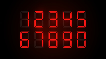 LCD LED digit set for the counter, clock, calculator mockup in flat style design. Zero to Nine Cyan digital electronic clock numbers set isolated on black background. EPS 10.
