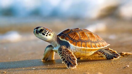 Obraz premium Baby Sea Turtle Crawling on Sandy Beach