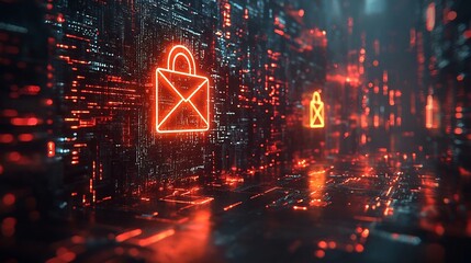 Secure and Encrypted Digital Email Icon Concept with Glowing Neon Lock Symbol