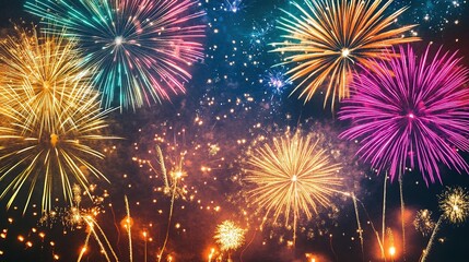 Naklejka premium New Year fireworks over a serene lake, bright colors reflecting, surrounded by nature