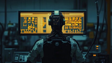 Engineer operator using AI system, back view