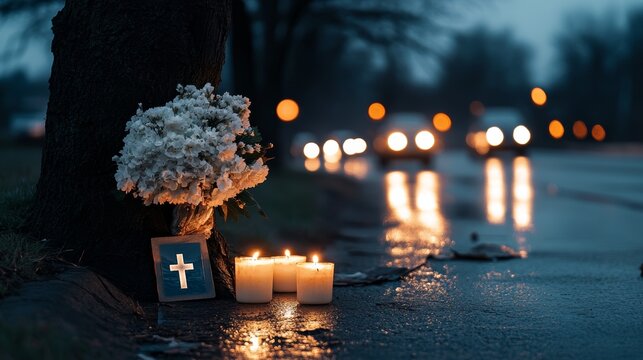Memorial tribute at roadside with flowers and candles during a rainy evening, day remembrance victims road accidents