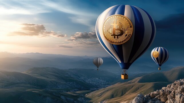 Brightly colored hot air balloons, each displaying various cryptocurrency symbols, soar high in the sky during a lively festival that attracts enthusiasts and curious onlookers
