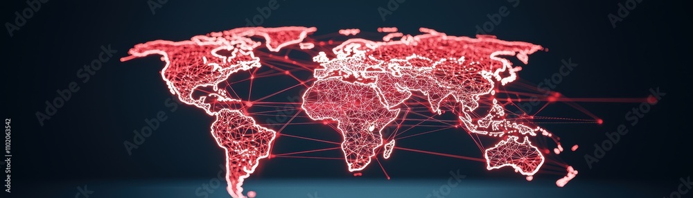Poster a digital map of the world depicted in red lines, creating a network effect against a dark backgroun