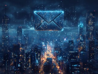 Transparent Email Icon Floating Above Digital City Skyline Symbolizing Seamless Communication