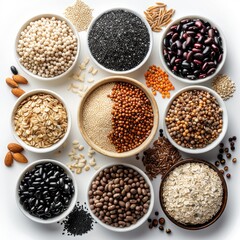A cup in the middle surrounded by brown rice, black sesame, oat bran, oat flakes, black glutinous rice, black beans, red beans, mung beans, soybeans, cowpeas, wheat, on a white background. top view.