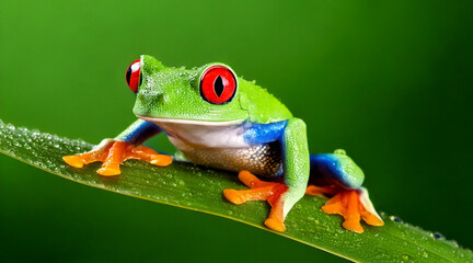 A red-eyed tree frog perched on a dewy leaf, its vibrant colors popping against a soft green background