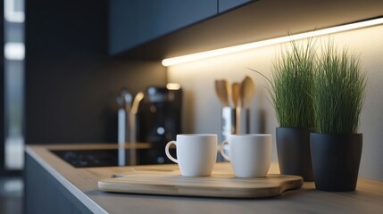 Stylish kitchen with a wooden chopping board, pristine white cups, and a vase adding a fresh touch to the minimalist design.