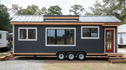 Fototapeta premium Modern tiny house on wheels with a sleek design and outdoor steps located in a rural area