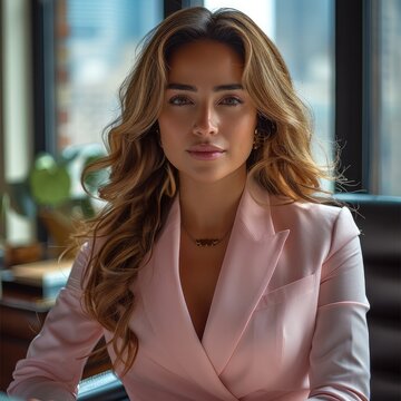 A woman in her 30s, she is a boss babe wearing a pink suit while she is sitting at her desk in her office.
