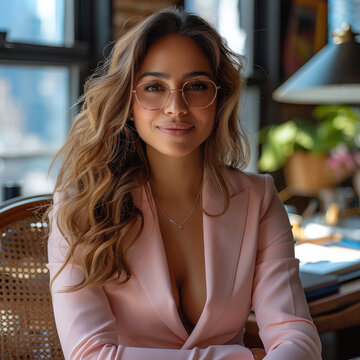 A woman in her 30s, she is a boss babe wearing a pink suit while she is sitting at her desk in her office.