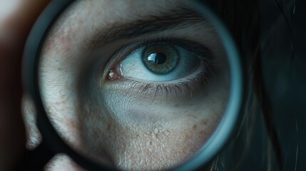 The focus is on a magnifying glass held by a woman, her eye enlarged as she looks closely on a plain grey surface.