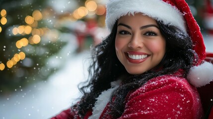 Beautiful woman smiling at the camera in a Christmas sleigh, red Santa suit