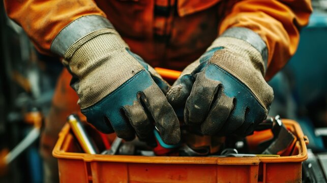 The focus on gloved hands holding a toolbox, with construction tools peeking out, emphasizing protection and capability.