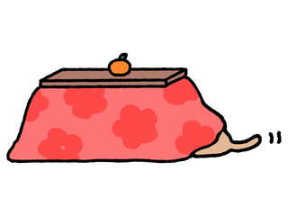 しっぽだけ出した猫がこたつで丸くなる絵