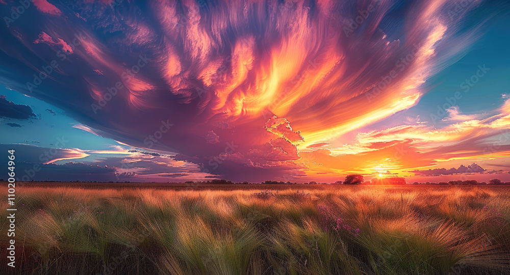 Poster clouds in swirling rainbow colors over field.