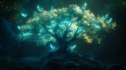 Naklejka premium Glowing Holographic Tree with Robotic Birds Perched on Its Branches Symbolizing Balance of Nature and Technology