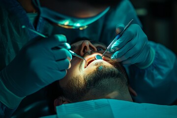 A close-up of a dental procedure showing intricate tools and expert hands at work. The atmosphere conveys precision and care. A patient receives vital dental treatment. Generative AI
